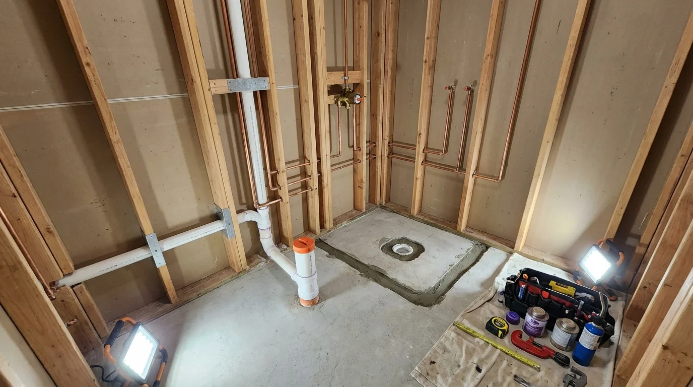 Bathroom rough-in plumbing during remodel by Johns Plumbing LLC in Laurel