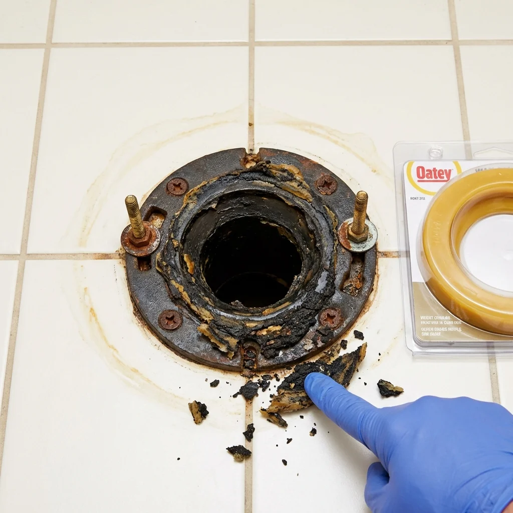 Failed wax ring showing water seepage at the base of a toilet in a Laurel, MS home
